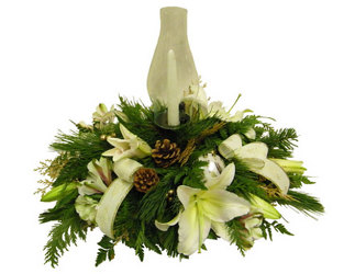 White Christmas Centerpiece from Ladybug's Flowers & Gifts, local florist in Tulsa